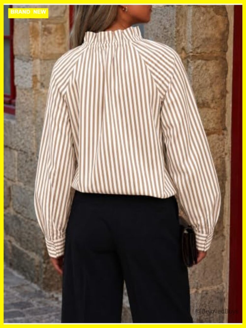 Cotton Striped Bow Tie Blouse Puff Long Sleeve Ruffle Women's Top - Picture 3 of 6